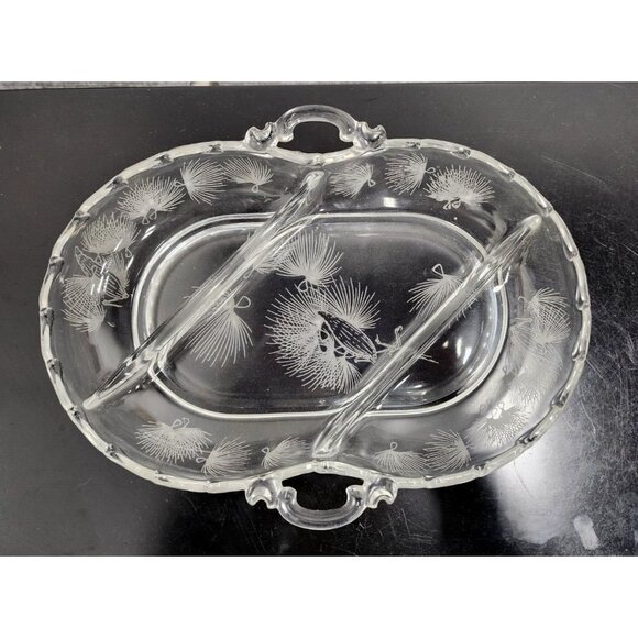 Vintage Fostoria Etched Crystal Three Part Relish Tray Appetizer Dish W/ Handles - Picture 1 of 10